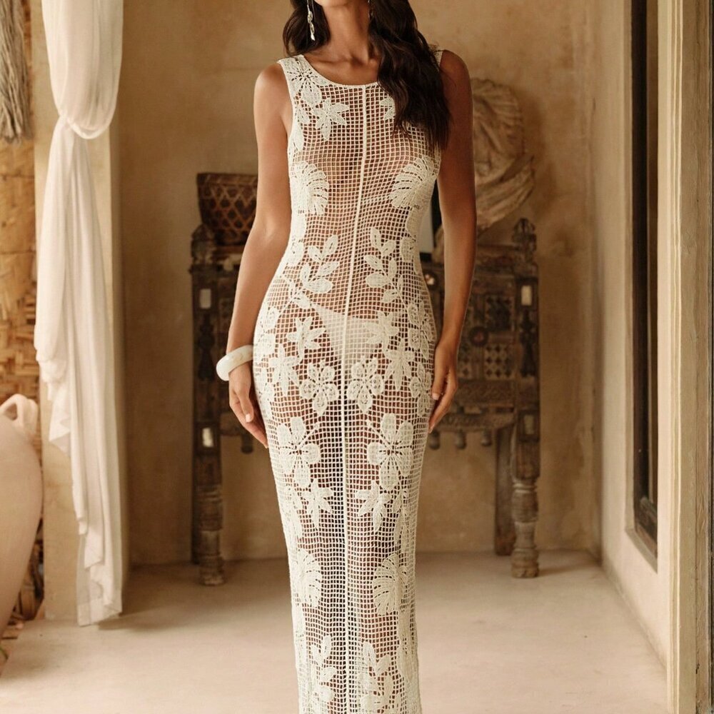 Apricot Women's Hollow Out V-Neck Sleeveless Crochet Knit Beach Cover Up Dress - Picture 5 of 6